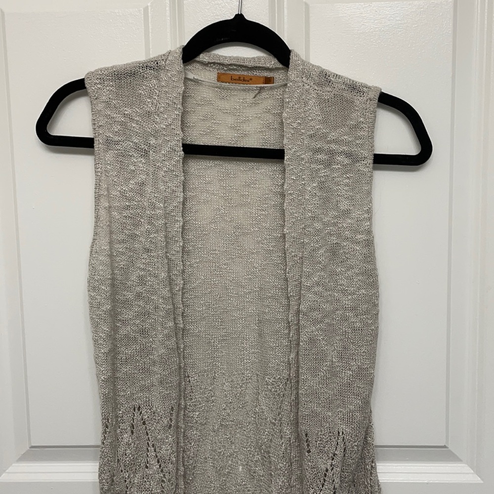 Crochet long sleeveless cardigan
